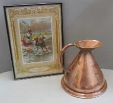 A copper jug, a print; At Balmoral, 1911, and a splash back mirror