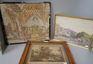 Three prints, Barnyard and Church, framed