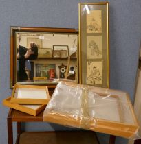 Three oriental drawings on silk, framed and a wood and metal mounted mirror and four wooden frames
