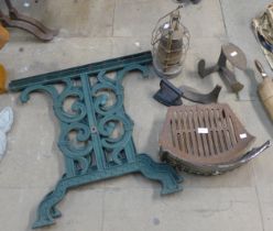 A large mixed lot of metalware including wrought iron table ends, cast iron fire grate and fender, a