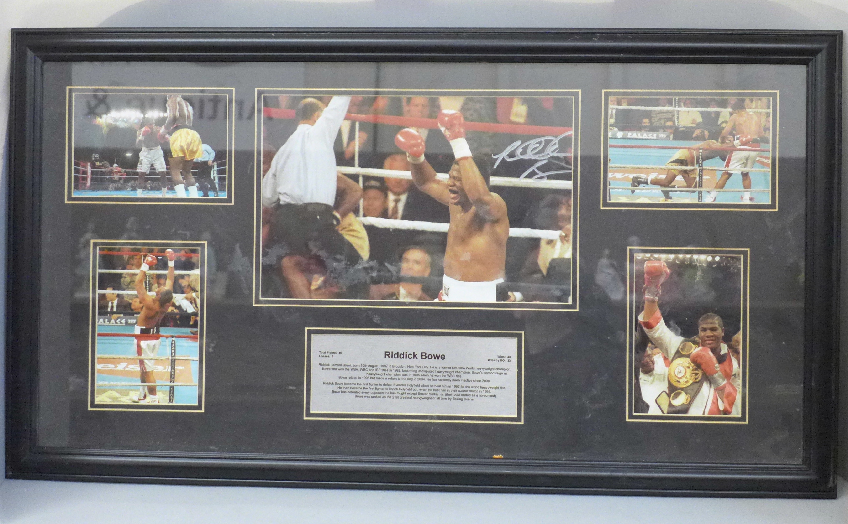 A Riddick Bowe photo montage, main photo signed, with presentation plaque, framed and a Blues - Image 3 of 5