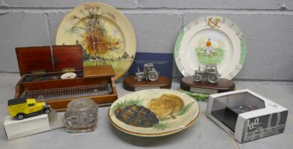 Three plates; Davenport hunting scene, one studio pottery, a Royal Doulton plate, a wooden ink