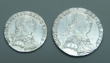 A George III shilling, 1787 and a George III sixpence, 1787