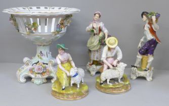 A pair of Staffordshire figures, sheep shearer and companion and two Continental figures, small