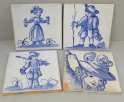 Four Delft tiles, one a/f