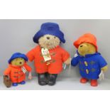 Three Paddington Bear soft toys