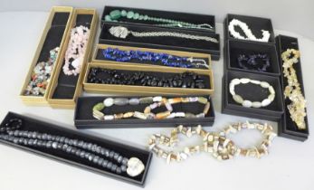 A collection of semi-precious stone jewellery including rose quartz