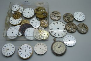 Assorted pocket watch movements and dials