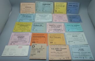A collection of 20 ticket stubs including Budgie, Uriah Heep, Rick Wakeman, Emmylou Harris, Chicago,