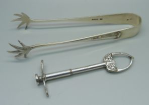 A pair of silver ice tongs, Sheffield 1933, 50g, and a set of olive nips