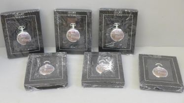 Six mechanical Flying Scotsman Glory of Steam pocket watches, boxed