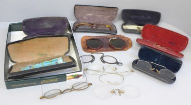 Nine pairs of spectacles including pince-nez