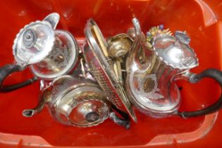 A silver plated tea service, mixed silver plate and a box of small novelty pewter thimbles **