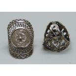 A Chinese silver scarf ring and a filigree ring