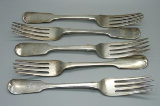 Five silver forks, Georgian and Victorian including Exeter 1856, 344g