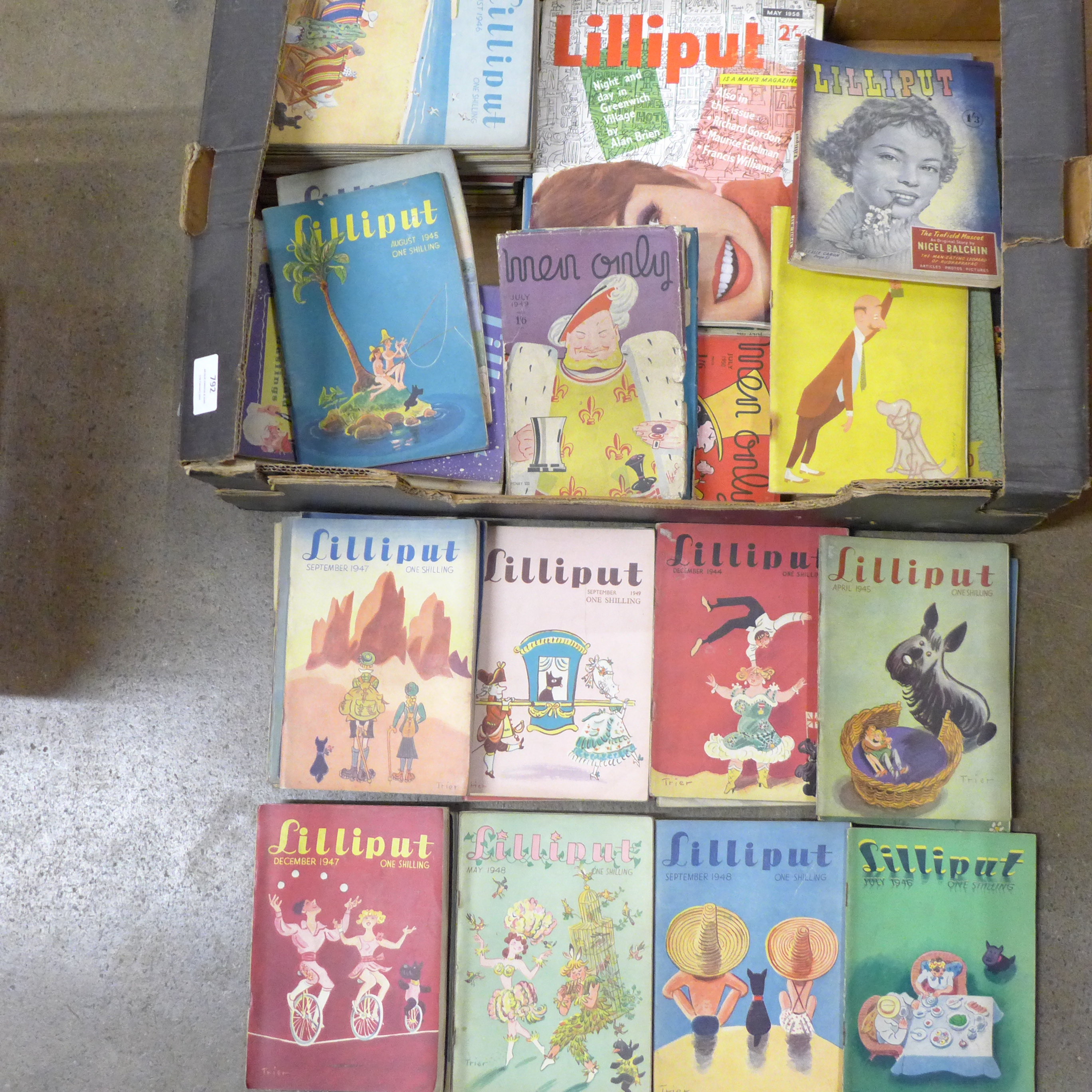 A box of Lilliput small format magazines, 1940s and later, later issues larger format and some Men