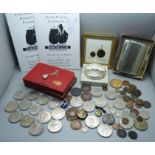 A Stratton Jubilee compact, a silver locket on a plated chain, badges, a collection of coins