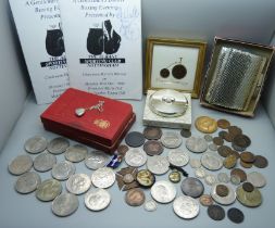 A Stratton Jubilee compact, a silver locket on a plated chain, badges, a collection of coins