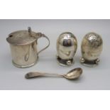 A pair of Victorian silver pepper pots and a silver mustard and spoon, 112g