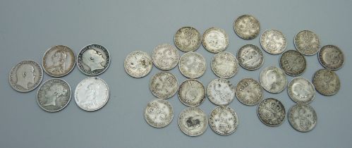 Five silver sixpences; 1907, 1887, 1889, 1902 and 1844 and twenty-four silver threepence coins,