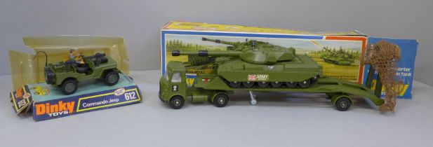 Two Dinky Toys die-cast model vehicles; Commando Jeep, 612 and Artic Transporter with Chieftain