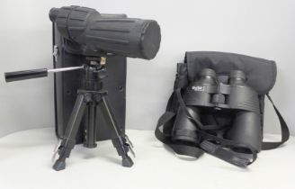 A Hakko D=50mm spotting scope, tripod and a pair of Vivitar 7 x 50 binoculars
