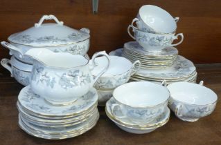 A Royal Albert Silver Maple eight setting dinner service, two tureens, six soup bowls (one a/f)