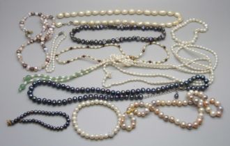 Assorted Baroque cultured pearl and freshwater pearl necklets and bracelets, eleven pieces in total