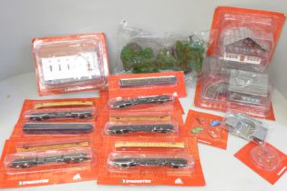 DeAgostini N gauge model railway sets including buildings, trees, church, selection of build your