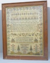 A William IV sampler, worked by Jane Cox, aged 13 and dated 1834, framed