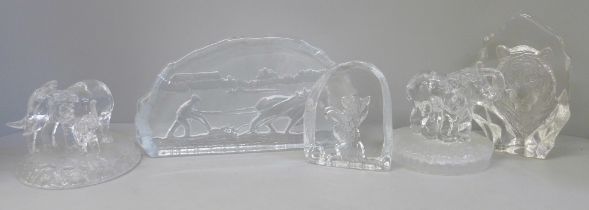 A Swedish glass plaque, Nybro Sweden label and four glass animal paperweights