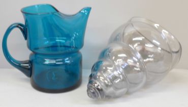 A blue Whitefriars glass jug and a glass shell vase
