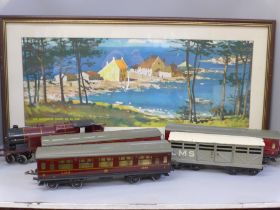 Four O gauge coaches, an O gauge locomotive, and a framed print 'The Hampshire Coast, Go By