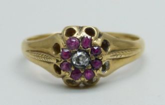 A Victorian 15ct gold, ruby and diamond cluster ring, Birmingham 1868, 2.3g, M/N