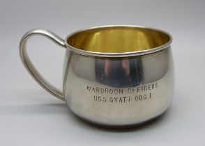 A sterling silver cup with gilt interior, Lunt USA, 1950s, 59.7g, with inscription