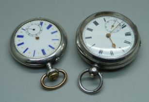 A silver cased lever pocket watch, case back dented, and an 800 silver Mentor pocket watch,