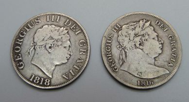 Two George III half crowns, 1818 and 1816