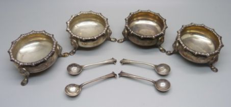 Four silver salts and four silver salt spoons, 288g