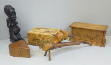 Assorted wooden items, a Bavarian pipe and puzzle box, African carved figure, etc.