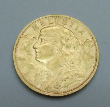 A Swiss 1922 20 Franc gold, .900 purity, 6.4g