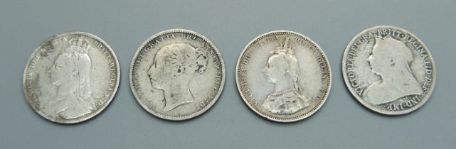Four Victorian shillings; 2x 1889, 1884, 1897