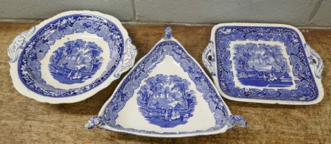 Three blue and white Mason's Vista dishes