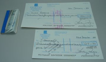 The Beatles interest, two 1980s George Harrison company cheques signed by Lucy Rigo and cheque