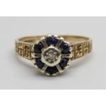 A 9ct gold, sapphire and diamond ring, 3.1g, M