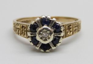 A 9ct gold, sapphire and diamond ring, 3.1g, M