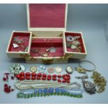 A jewellery box and vintage costume jewellery