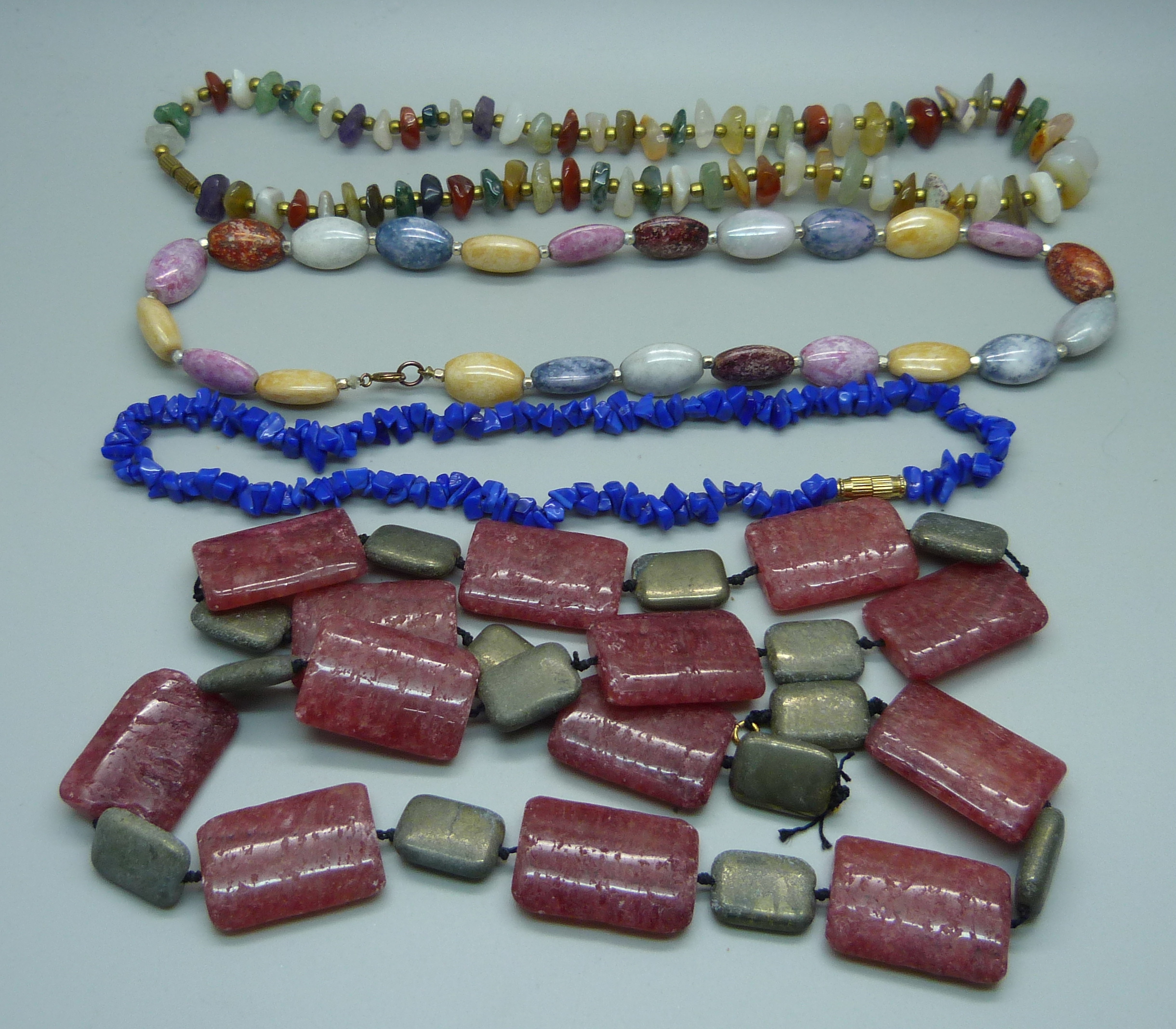 Four hardstone bead necklets