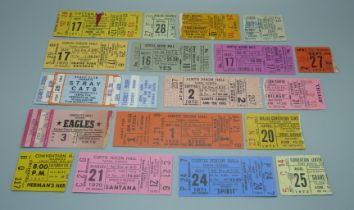 A collection of 18 ticket stubs, US venues, including Yes, Jethro Tull, Three Dog Night, Chicago,