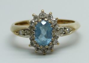 A 9ct gold, diamond and blue stone ring, 2.4g, O