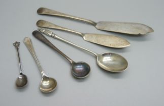 Three silver spoons, a silver butter knife and two plated items, 30g of silver